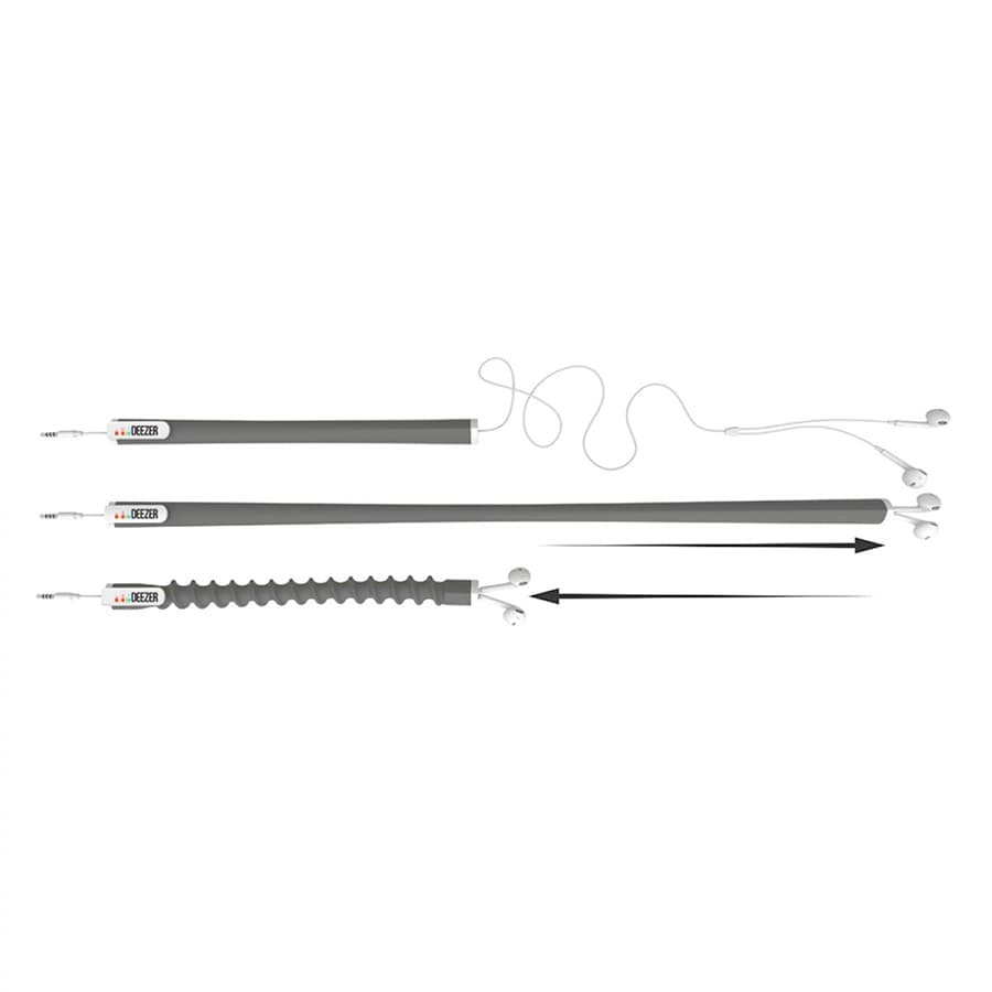 An earbud organiser in grey, featuring flexible sections for cable management and a branding logo.