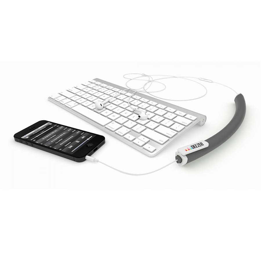 A grey earbud organiser with a white connector, alongside a smartphone and a keyboard, all on a white background.