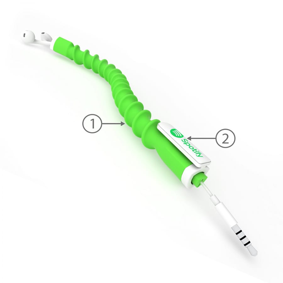 A green earbud organiser with a flexible, coil design and a connector at one end, featuring a logo.