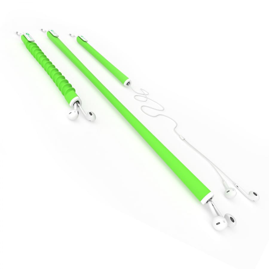 A bright green earbud organiser featuring a smooth texture, with attached earphones and a logo.