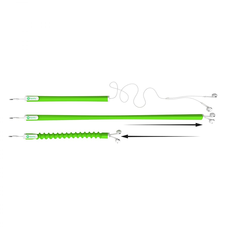 A green earbud organiser with three segments and white earbud wires, featuring a logo.
