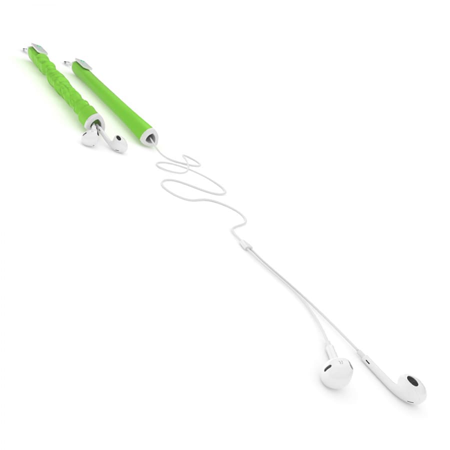 A green earbud organiser with white earbuds and cable, featuring a sleek design and attached branding.