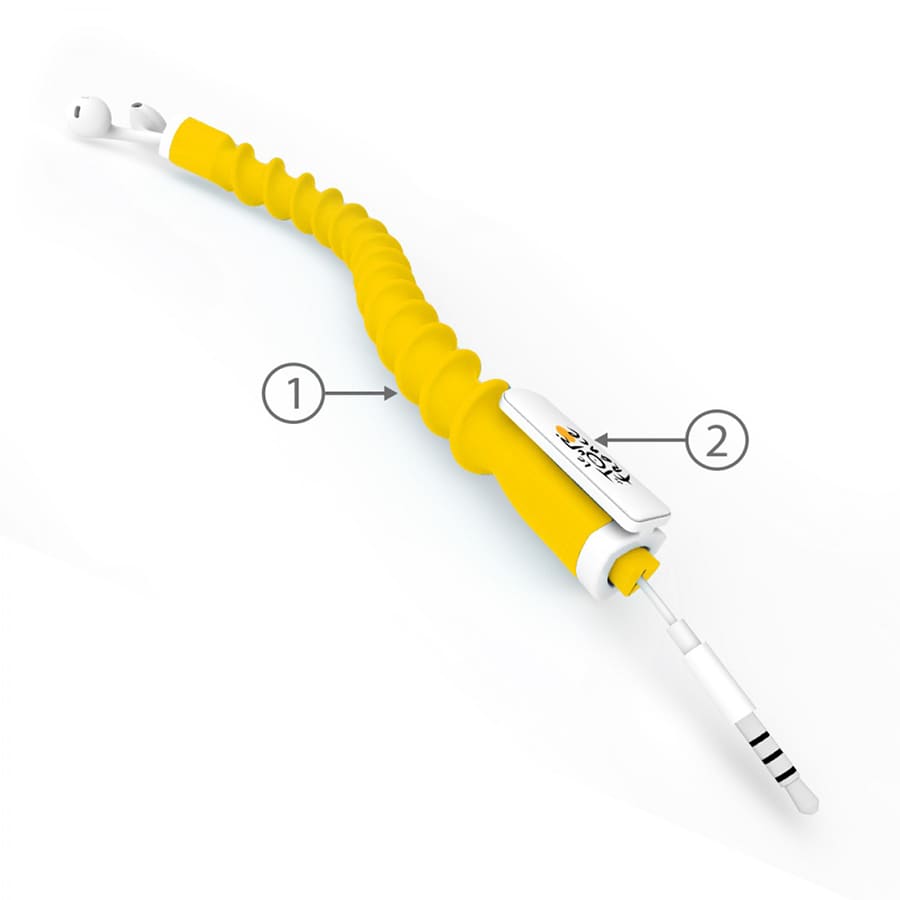 A yellow earbud organizer with a flexible cord and an attachment for managing cables. It features a logo.