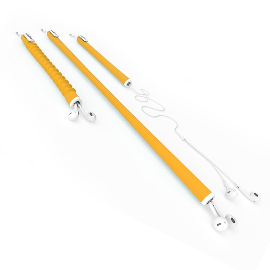 Yellow earbud organiser with three sections, featuring a smooth and a textured grip, and white earbud connectors.