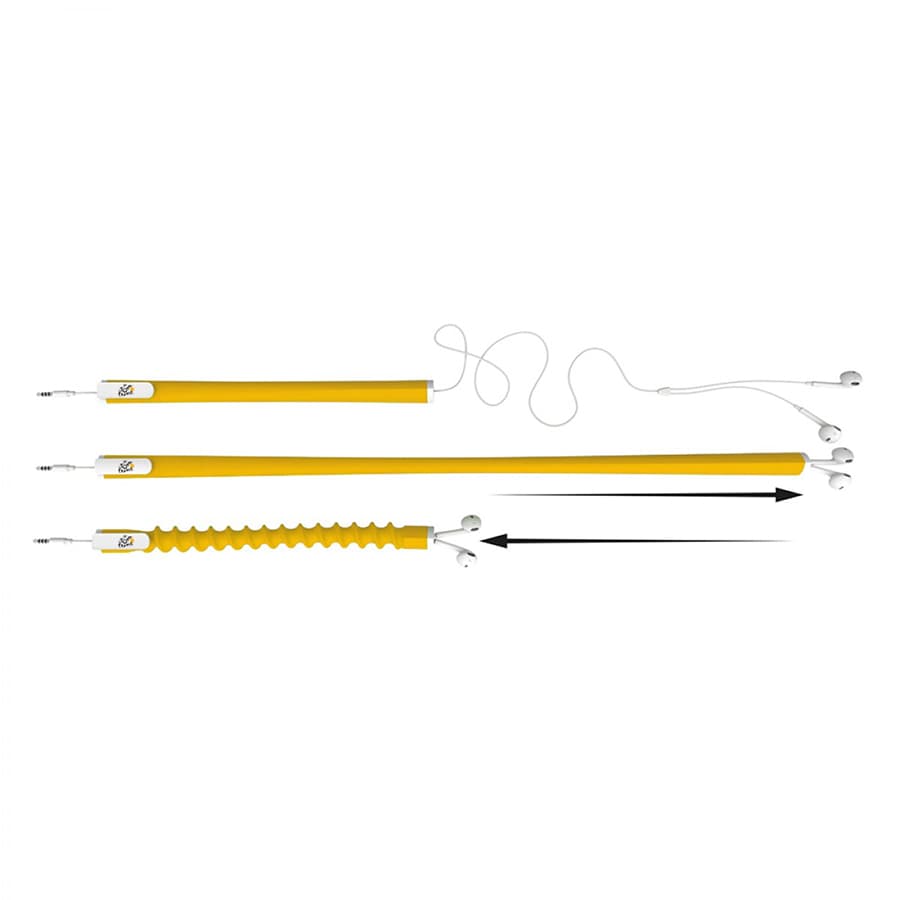 A yellow earbud organizer with three sections, featuring connectors at both ends and a clip for attachment.