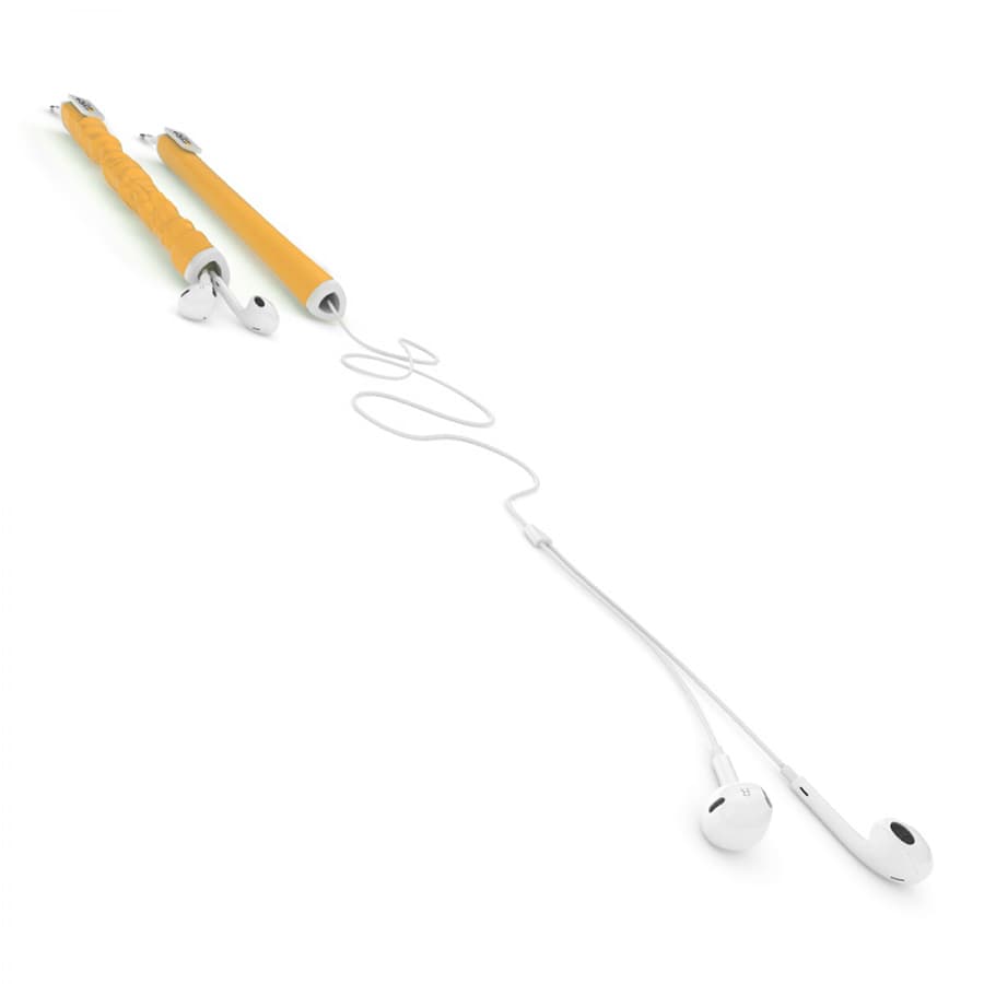 A yellow and white earbud organiser with two grip handles and a connected set of white earbuds.