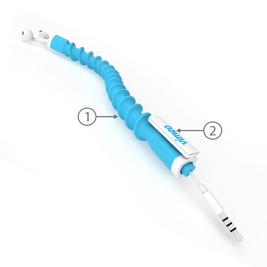 A blue earbud organiser with a flexible design, featuring a logo. It helps tidy cables effectively.
