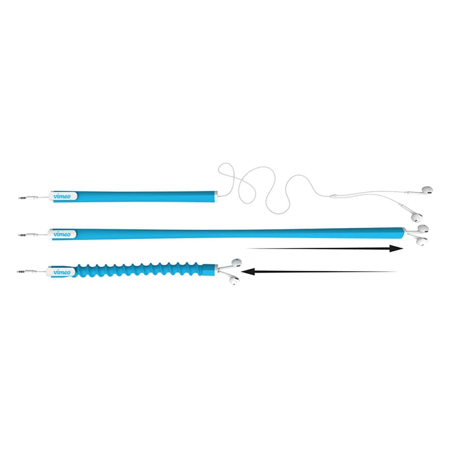 A blue earbud organizer with a flexible design, featuring a loop for holding earbuds and a clip for attachment.
