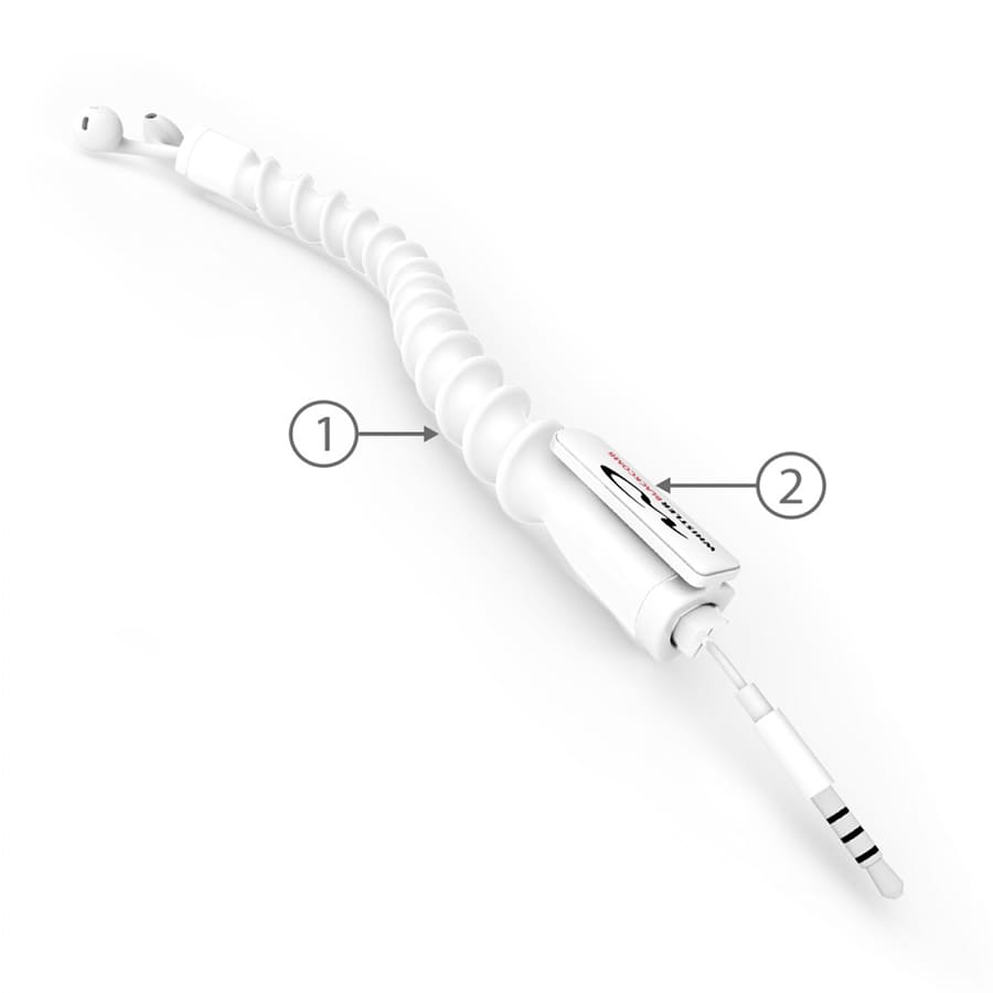 A white spiral earbud organiser with a connector and earbud tips at each end, featuring a logo.