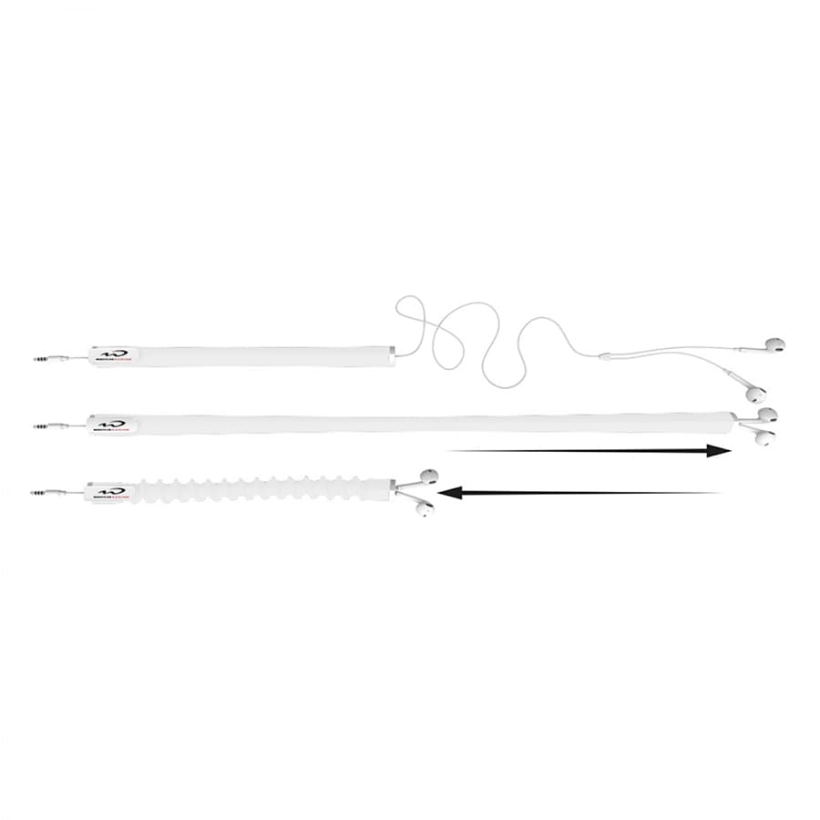 A white earbud organiser with multiple sections to tidy cables, featuring metallic ends and a logo.