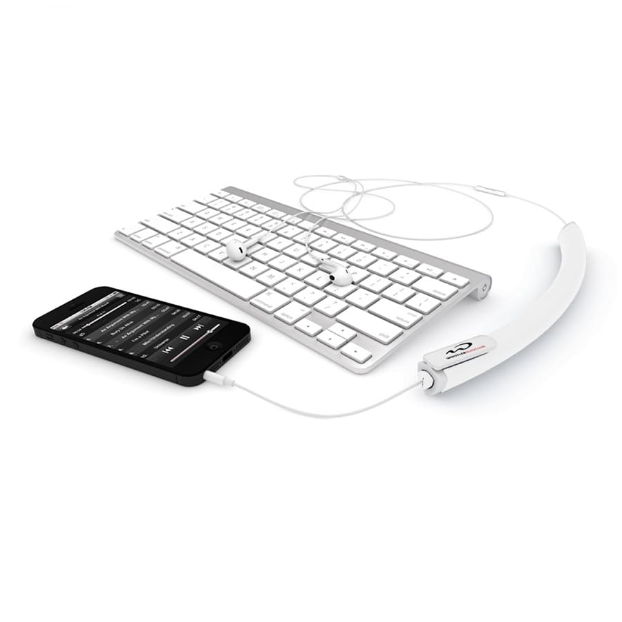 A white earbud organiser with a keyboard and smartphone, neatly managing earbud cables. Features a small logo.