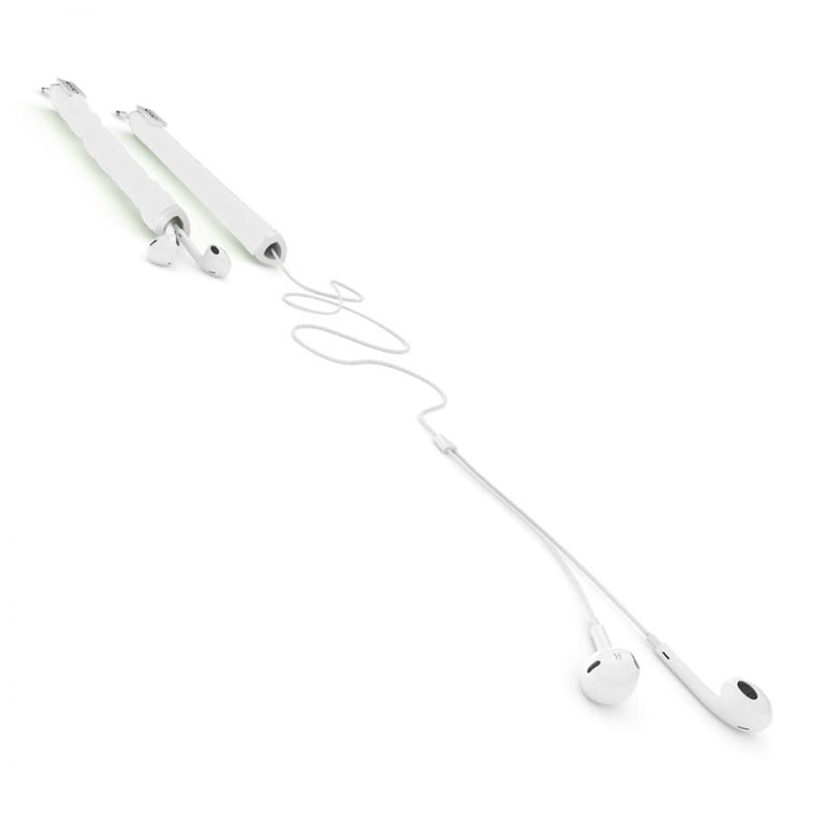 A white earbud organiser with two sections and a connected pair of white earbuds, featuring a simple design.