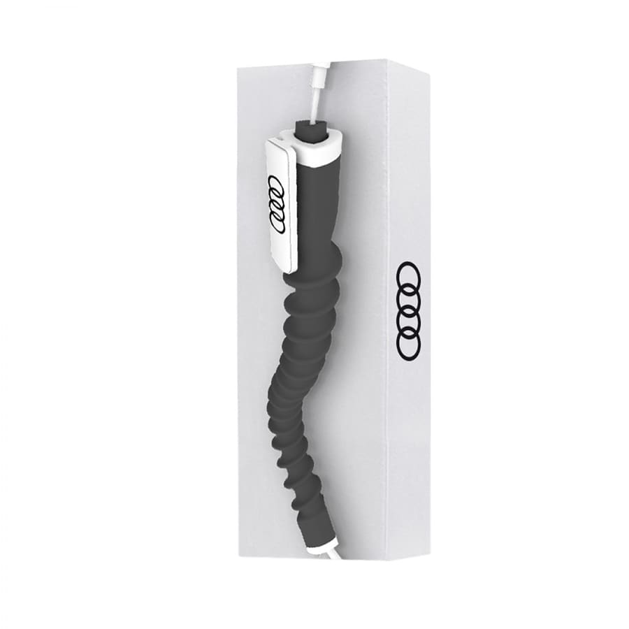 A black earbud organizer with a flexible design, packaged in a white box featuring a logo.
