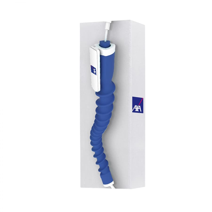 A blue earbud organiser with a flexible design, packaged in a simple white box featuring a logo.