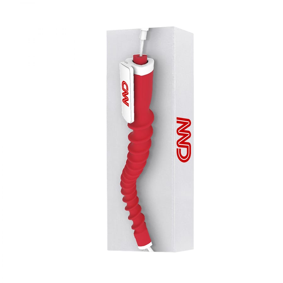 A red earbud organiser in a white box, featuring a logo on the side.