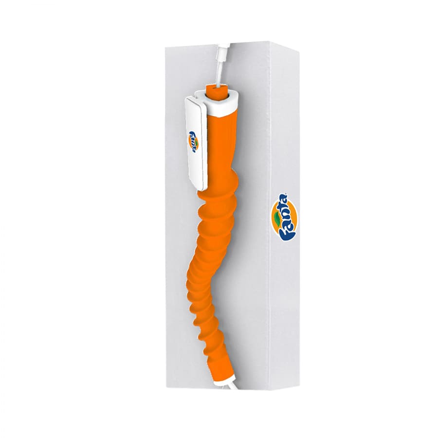 An orange earbud organiser with a spiralled design, packaged in a white box. The product has a logo.