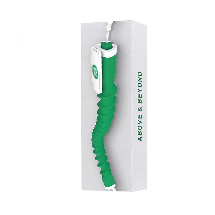 A green earbud organiser displayed in a white packaging, featuring a logo. The design has a wavy texture.