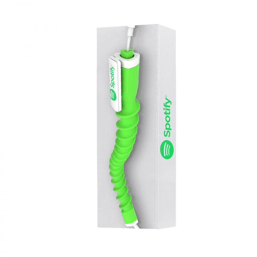A green earbud organiser with flexible, spiral design, presented in a box with a logo.