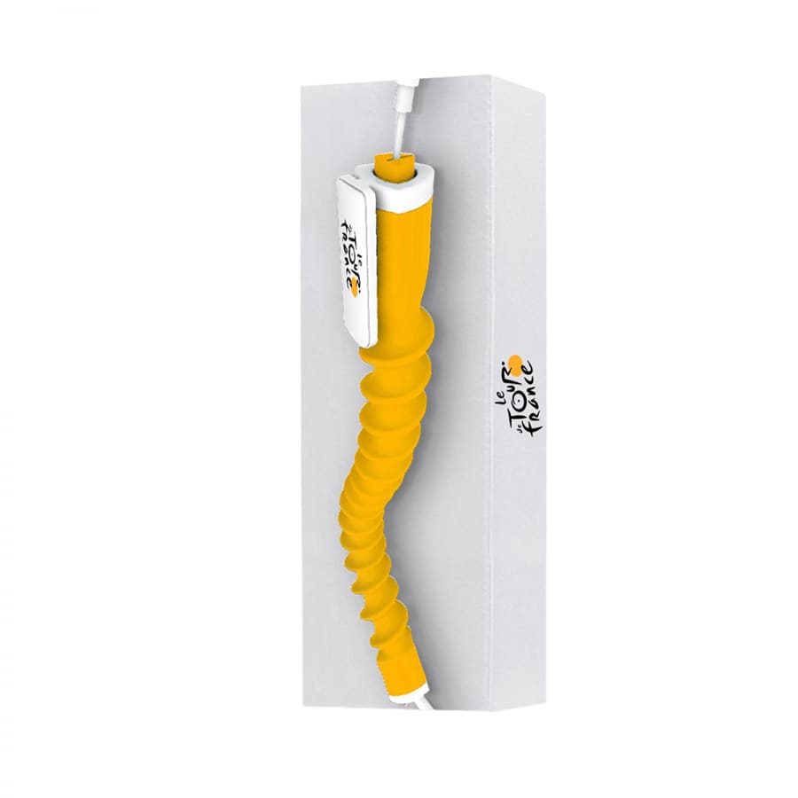 A bright yellow earbud organiser with a white section, packaged in a simple box.