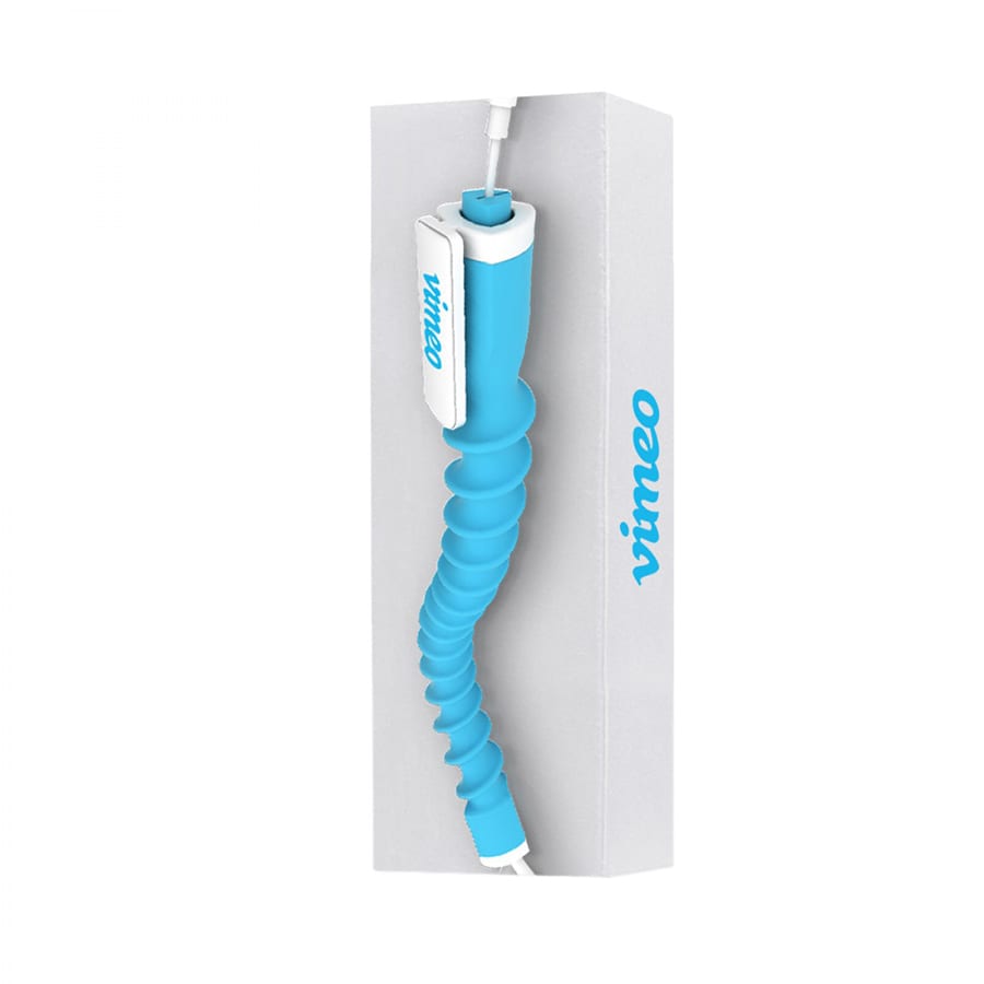 A blue earbud organiser with a spiral design, packaged in a white box featuring a logo.