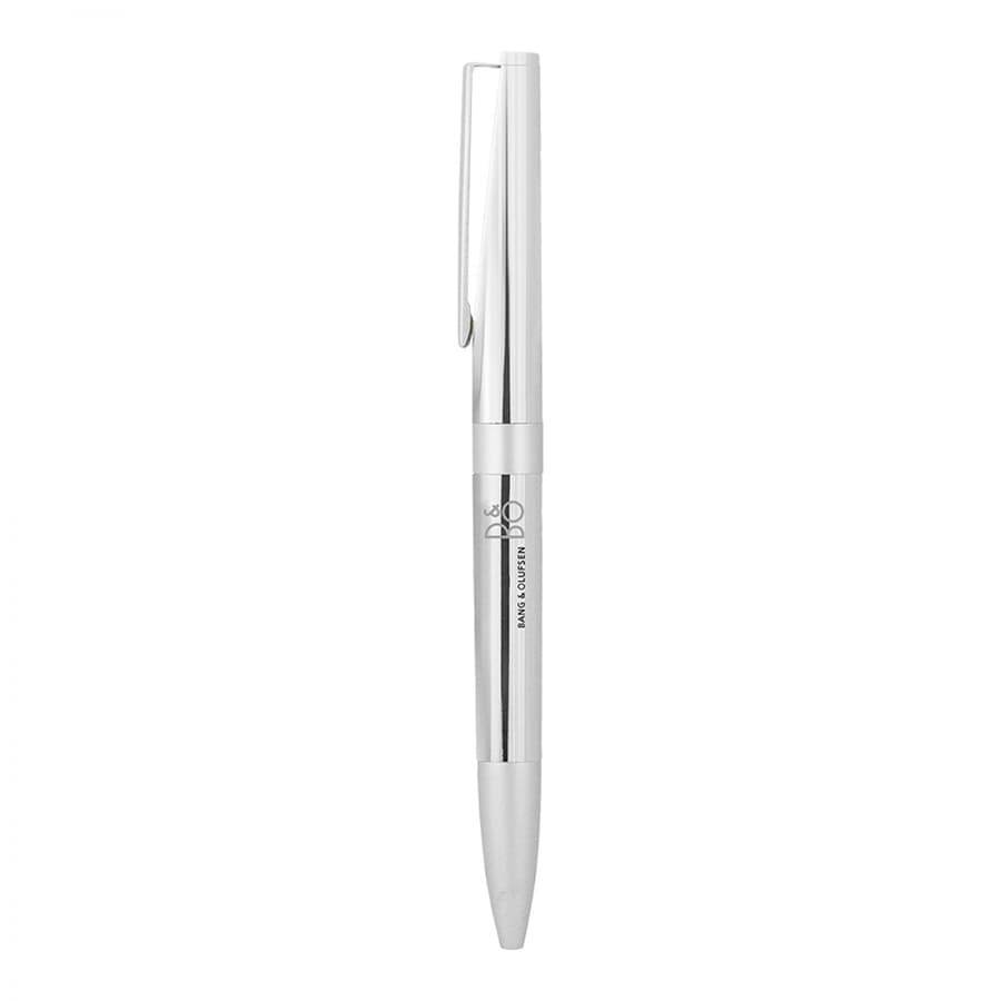 A sleek silver metal ballpoint pen with a twist mechanism, featuring a clip and branding.