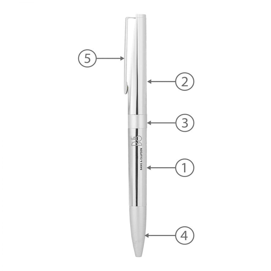 A sleek metal ball pen in silver with a clip, featuring a smooth twist mechanism and a branding logo.
