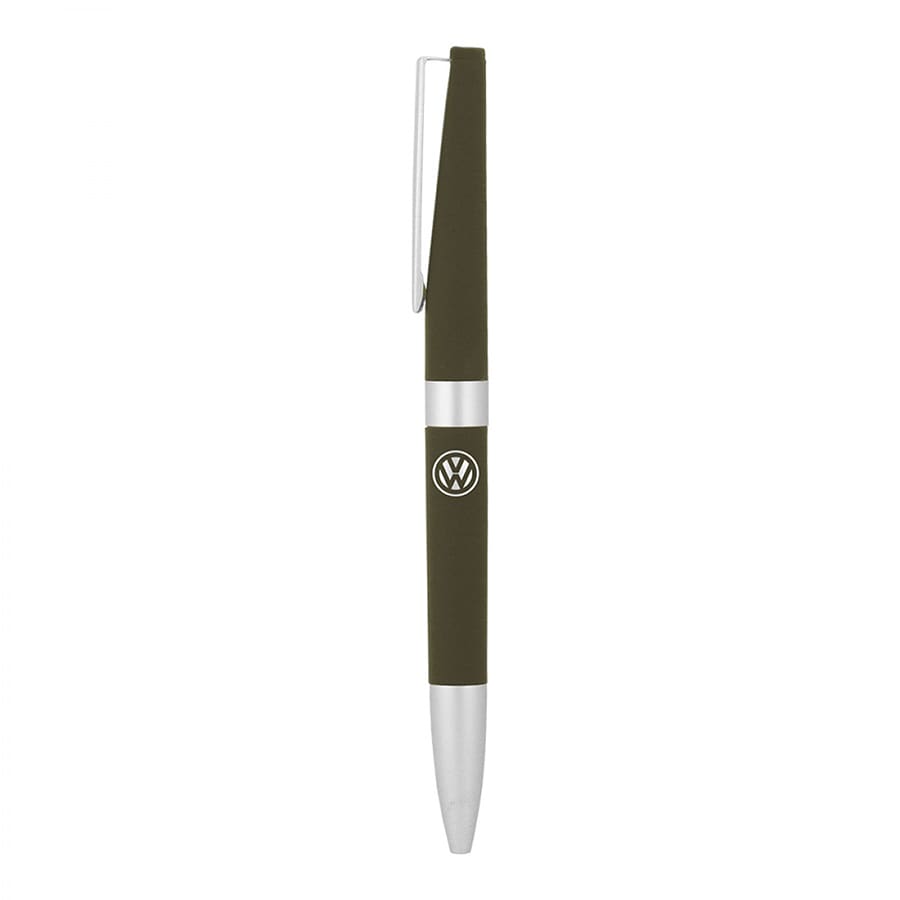A green metal ballpoint pen with a silver tip and clip, featuring a logo on the barrel.