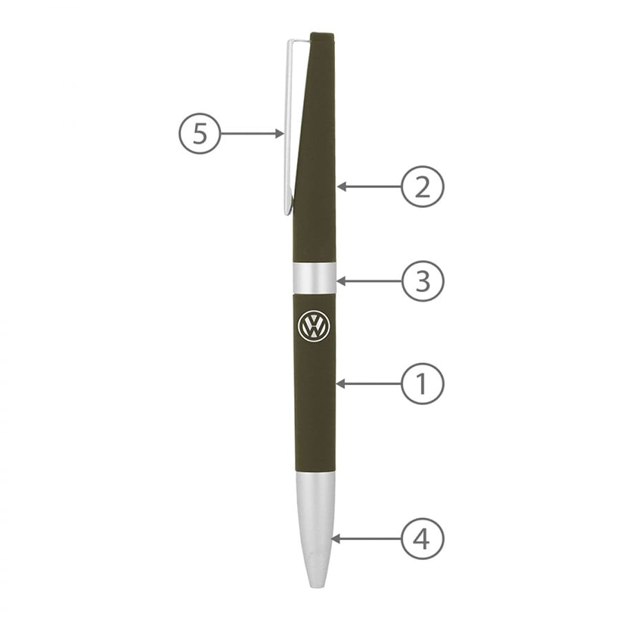 A metal ballpoint pen in green with silver accents and a logo, designed for writing.