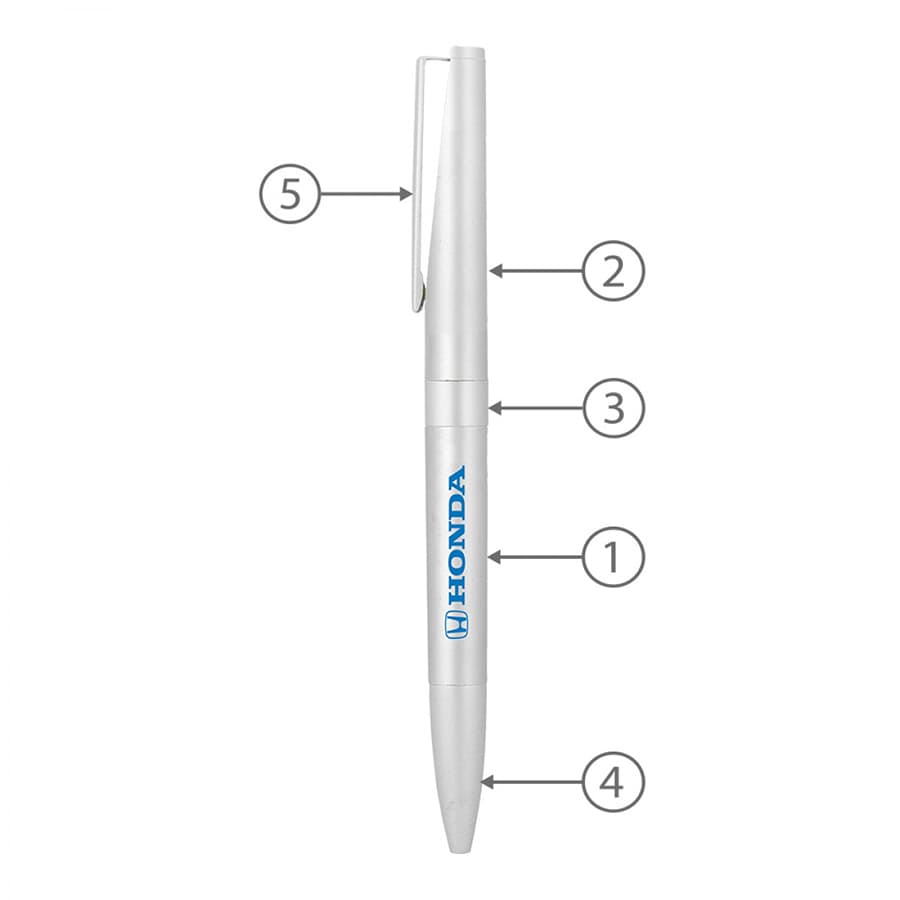 A metal ballpoint pen in white with a clip and branding, featuring a sleek twist mechanism.