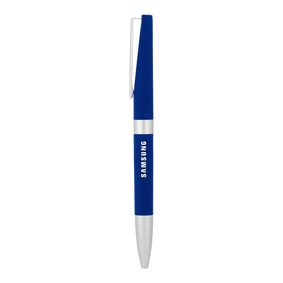 A blue and silver metal ball pen with a slim design and a clip. Features a branding logo.