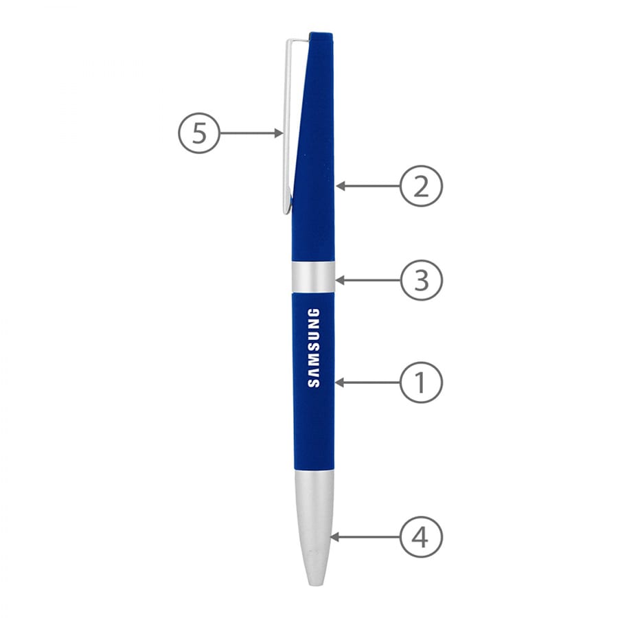 A blue metal ballpoint pen with a silver tip and a clip, featuring a logo.