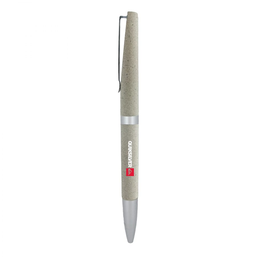 A grey metal ball pen with a silver accent and branding on the barrel.