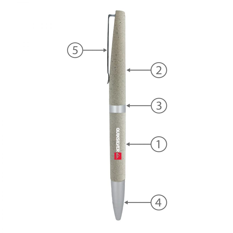 A twist metal ball pen in a light grey colour with a silver accent and a clip, featuring a logo.