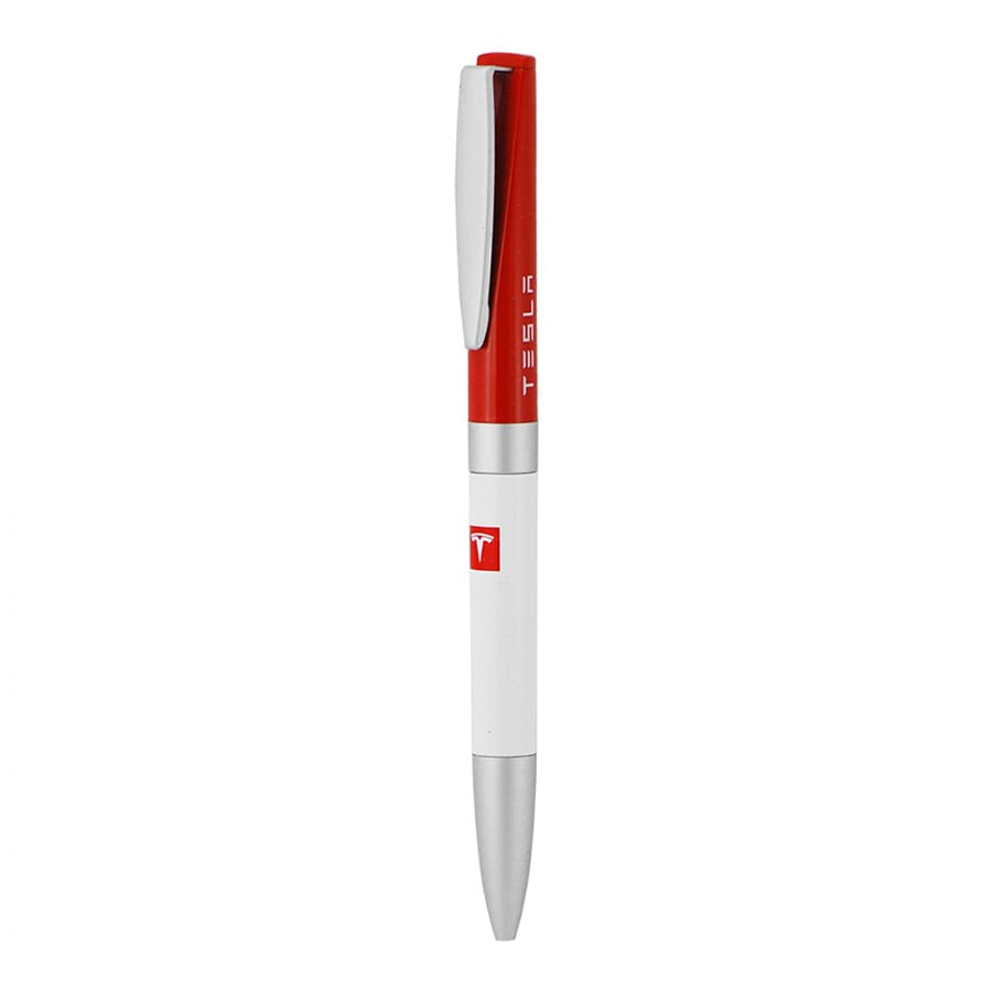A metal ball pen in red and white with a silver clip and branding on the barrel.