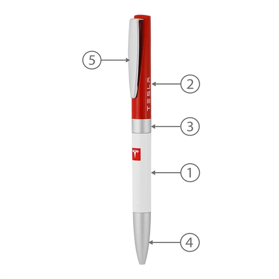 A red and white metal ballpoint pen with a clip and a branding logo.