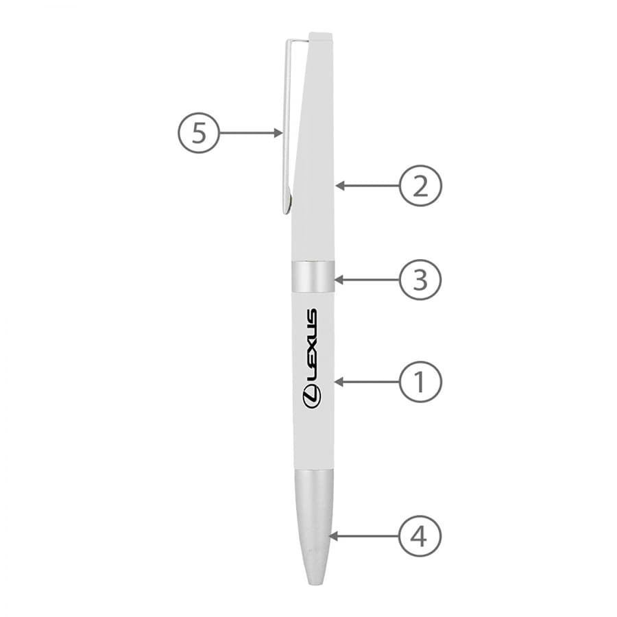A metal ballpoint pen in white with silver accents and a clip, featuring a logo on the barrel.
