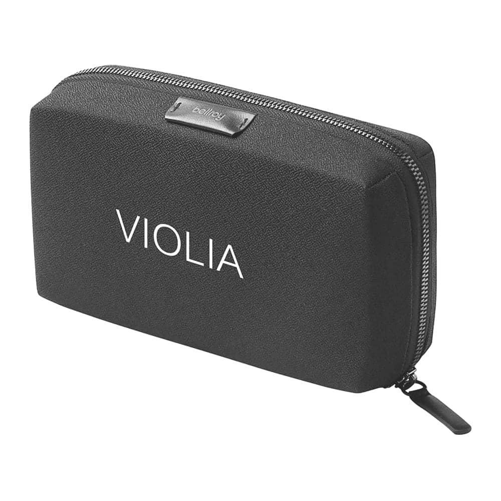 A navy blue tech kit bag featuring a logo and a zip closure, designed for carrying various tech accessories.