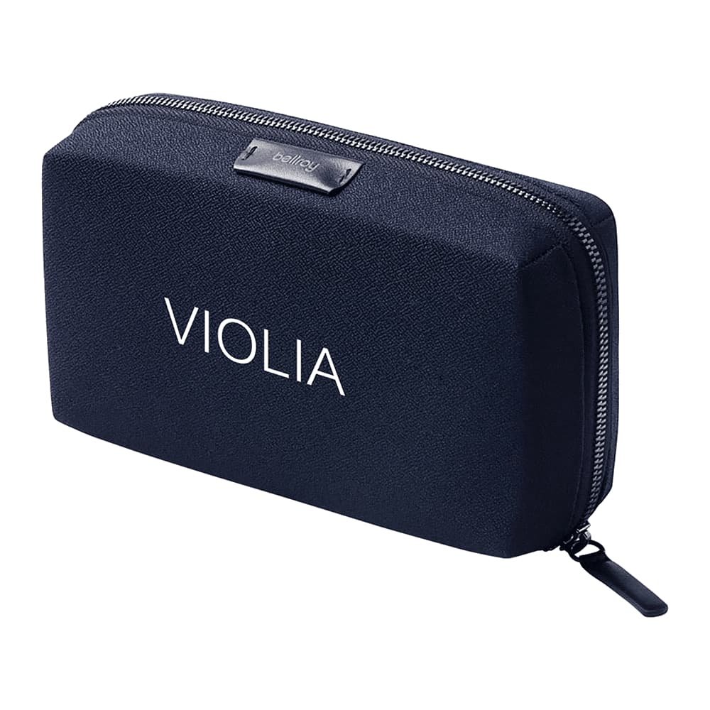 A grey tech kit containing charging cables, an Apple Pencil, and a brown AirPods case, with an interior pocket.