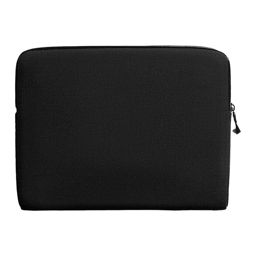 A black laptop caddy featuring a light interior, holding tech accessories, cables, and a laptop. It has a branded logo.