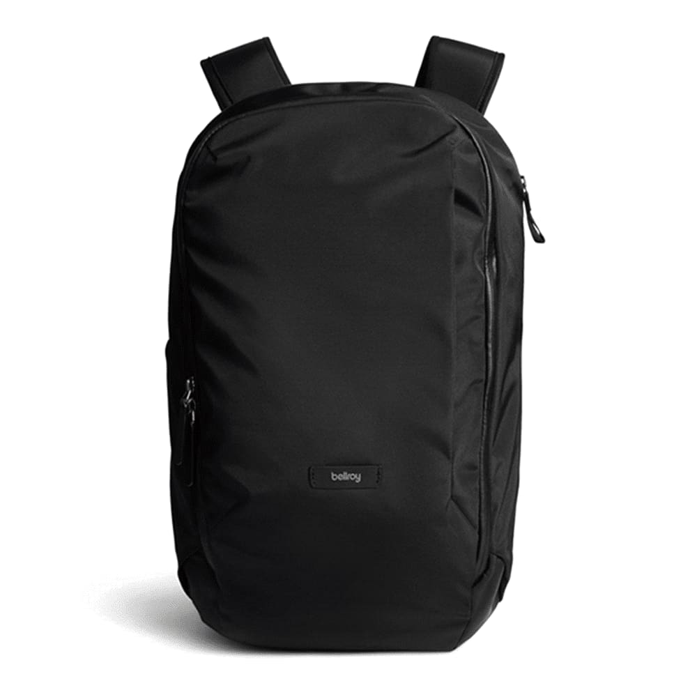 A black backpack with a logo on the front, featuring a sleek design and multiple compartments.