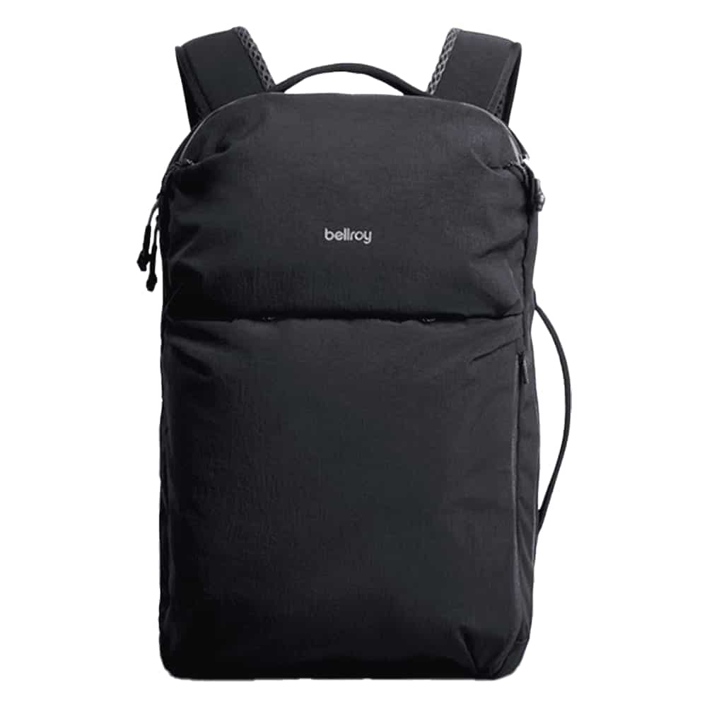 A black backpack with adjustable straps and a logo on the front. Features a sleek, modern design.