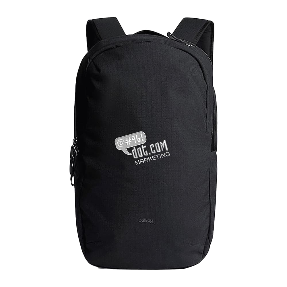 A black backpack with adjustable straps, featuring a logo and a sleek, minimalist design.