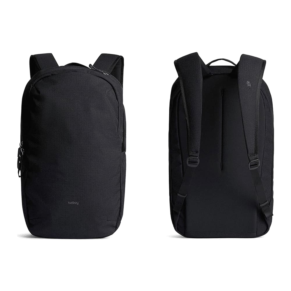 A black backpack featuring a logo on the front, designed for everyday use with adjustable straps.