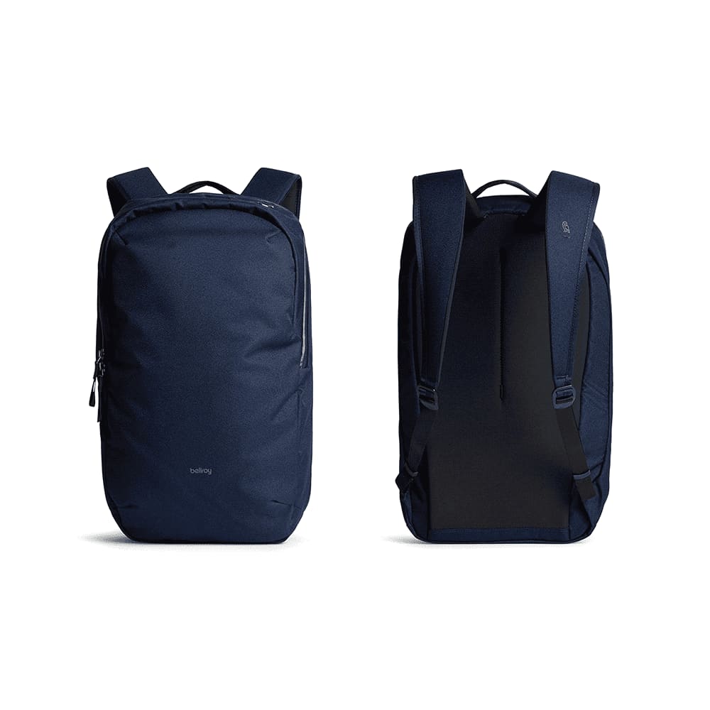 A black backpack with adjustable straps and a sleek design, featuring a logo and multiple zippered compartments.