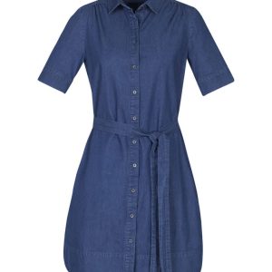A women's denim dress with short sleeves, a button-down front, and a tied waist detail.