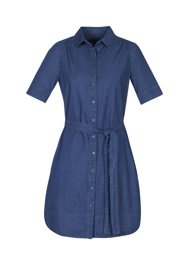 A women's denim dress with short sleeves, a button-down front, and a tied waist detail.
