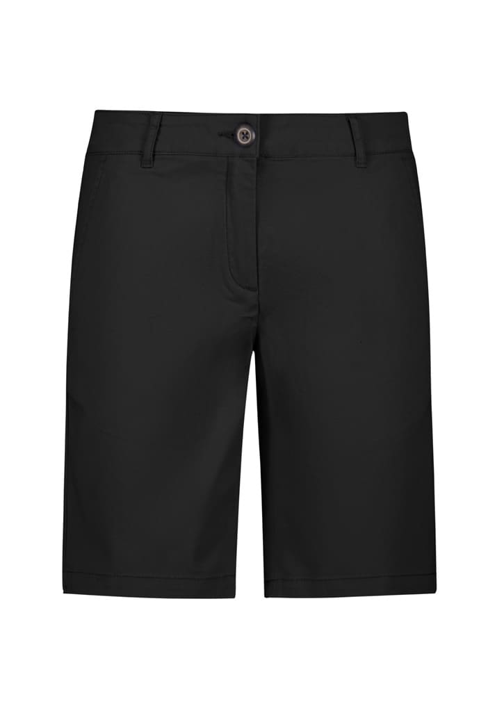 A pair of black chino shorts featuring a front button closure and pockets. The shorts have a sleek, tailored design.