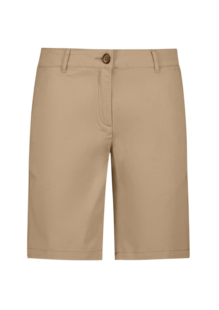 A pair of women's chino shorts in a light khaki colour, featuring a front button and pockets, with a logo.