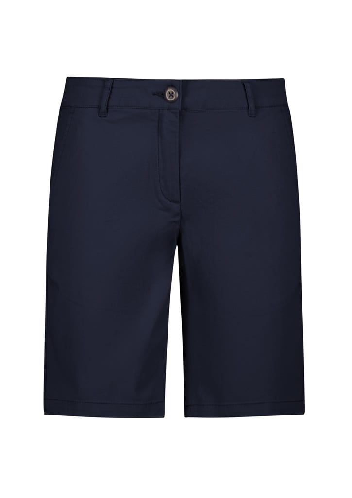 A pair of navy blue women's chino shorts with a front button closure and pockets, featuring a subtle logo.
