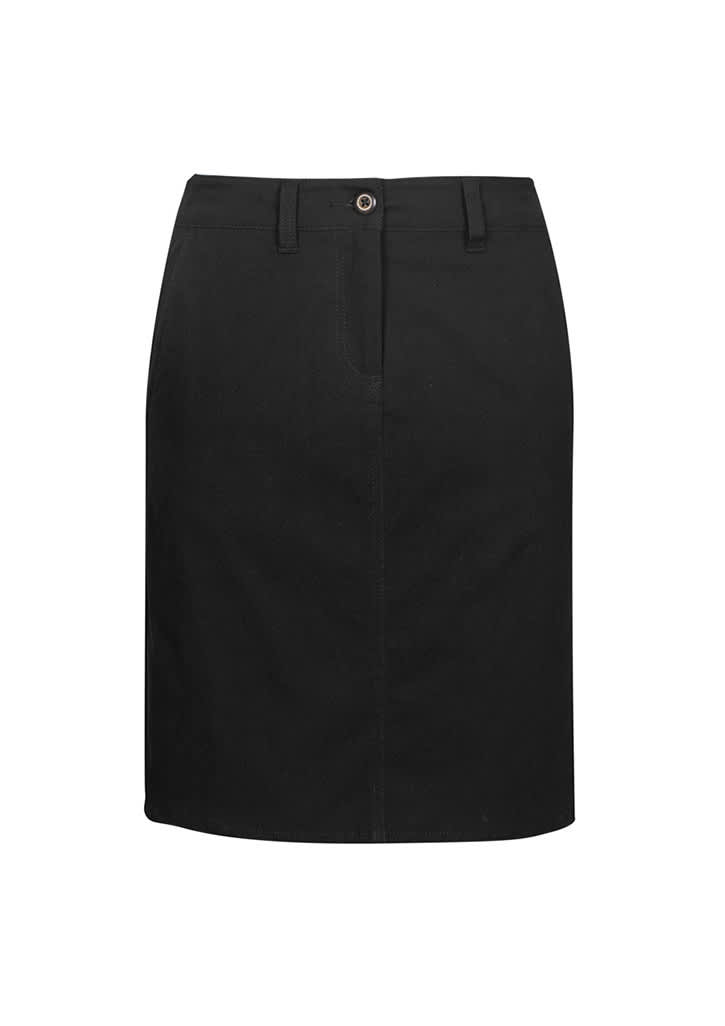 A black women's skirt with a straight cut, featuring a front zipper and waistband with a button. It has a logo on the waistband.